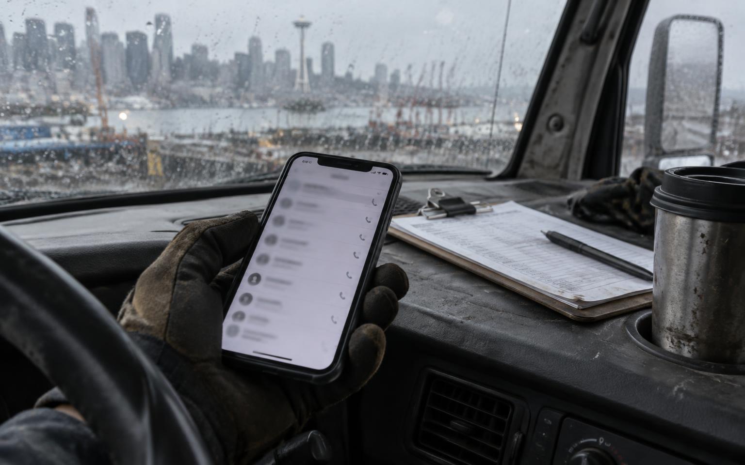 Contractor checking a call log on his phone in a work truck with the Seattle skyline behind