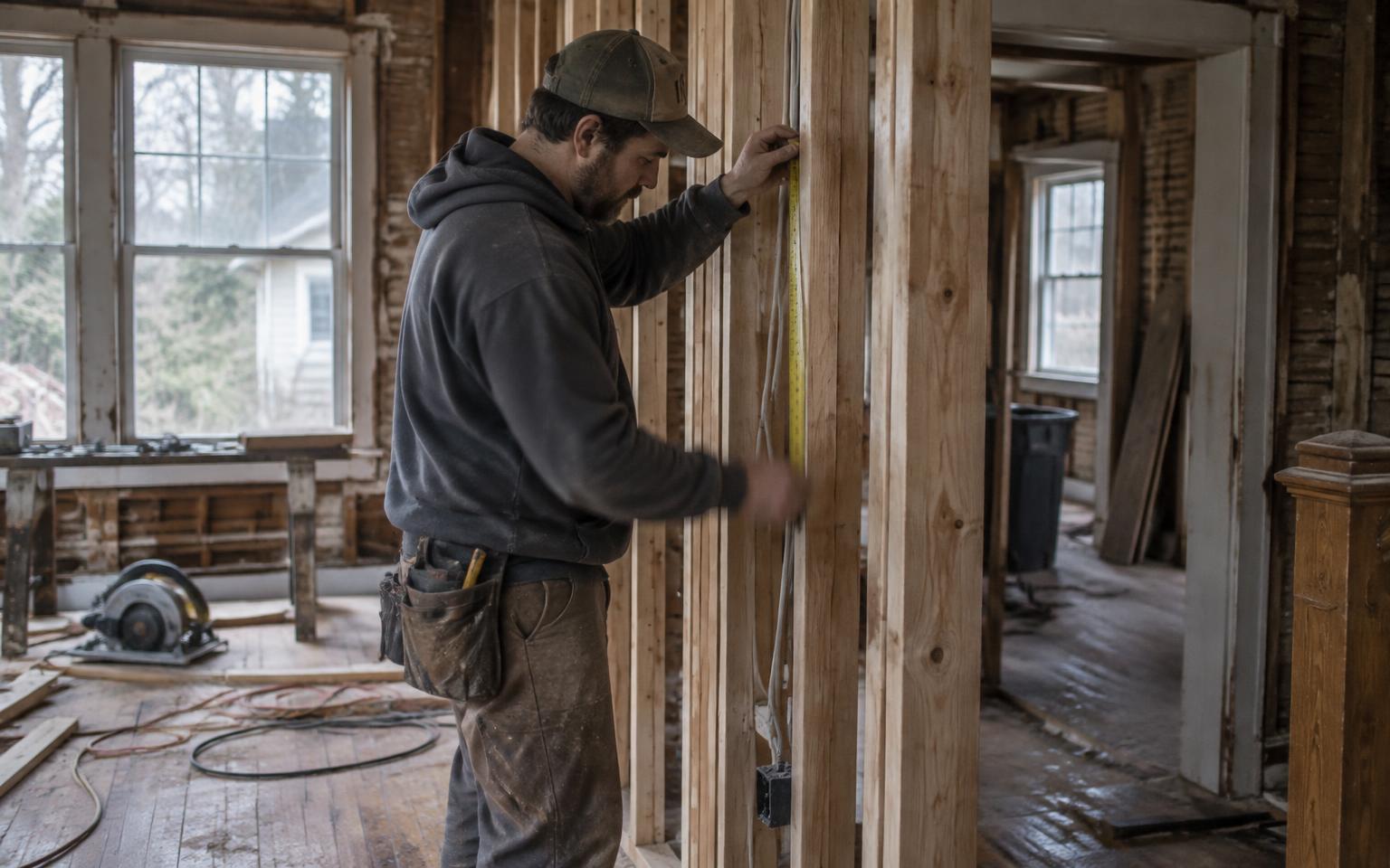 Contractor measuring framing during an interior remodel