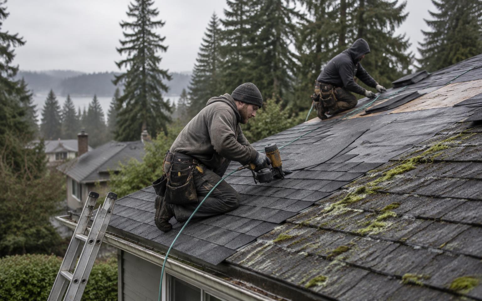 Roofers installing shingles on a Pacific Northwest home under overcast skies